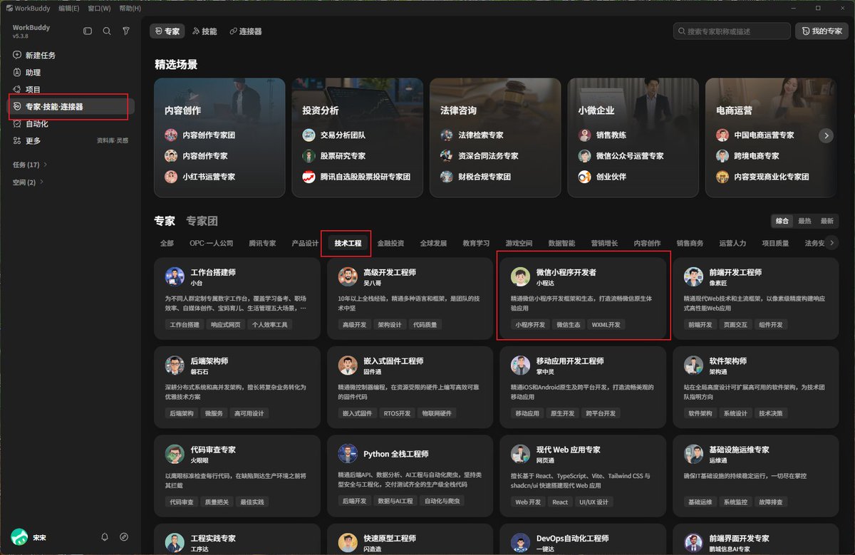 图：WorkBuddy 微信小程序开发者专家界面