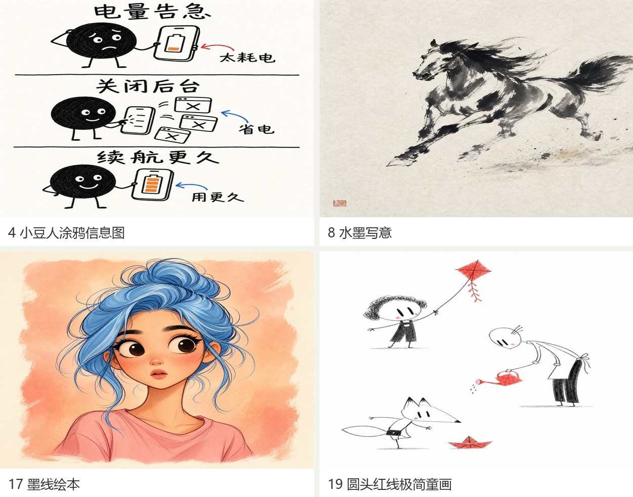 图：四种画风预览（4 小豆人涂鸦信息图 / 8 水墨写意 / 17 墨线绘本 / 19 圆头红线极简童画）